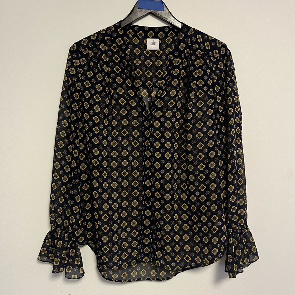 CAbi 3772 Navy and Gold Art Deco Patterned Button Down Blouse